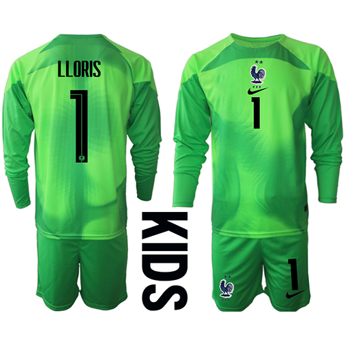 Frankrike Hugo Lloris #1 Målvakt Bortadräkt Barn VM 2022 Långärmad (+ Korta byxor)